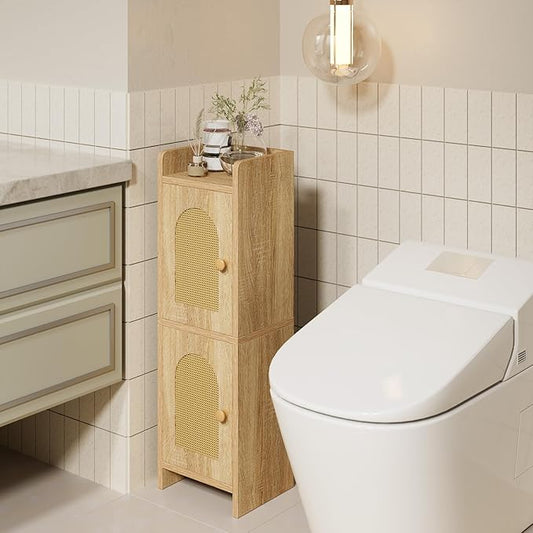 IBUYKE Small Bathroom Storage Cabinet with Rattan Door, Narrow Toilet Paper Storage Holder,Floor Cabinet with Adjustable Shelves, Space-Saving Organizer for Toiletries UWBS001N