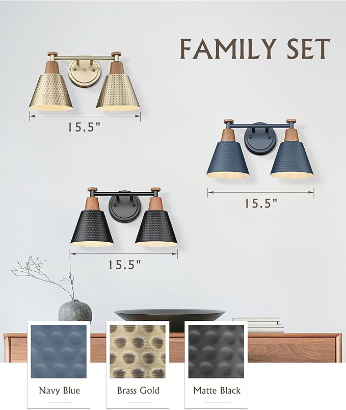 FEMILA 2 Light Bathroom Vanity Light Fixtures Over Mirror, Modern Brass Gold Bathroom Lighting Fixtures with Metal Shades, Woodgrain Finish, 4FG59B-2W BG-NW