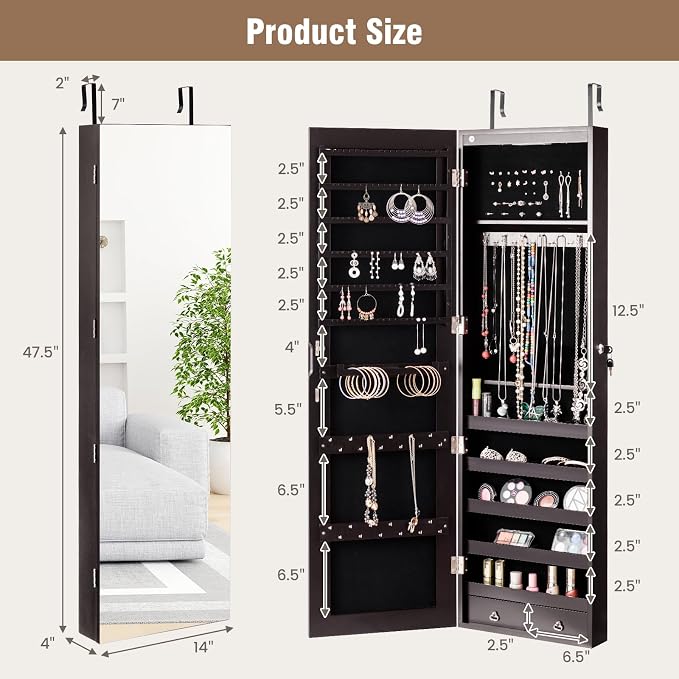Moccha Wall Door Jewelry Armoire, Full Screen Jewelry Cabinet for Bedroom, Lockable Jewelry Cabinet, Jewelry Organizer Storage with 2 LED Lights and 2 Drawers, Brown