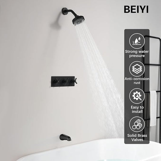 3 Handle Tub Shower Faucet Matte Black Shower Tub Faucet Set | 3 Knob Bathtub Shower Faucets Sets Complete for Bathroom Shower Trim Kit with Rough-in Valve