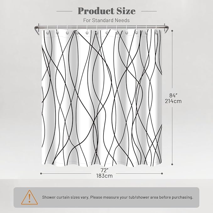 Striped Shower Curtain for Bathroom, White Black, 72" W x 84" L | with Hooks, Modern Hotel Style, Water Repellent, Washable, Weighted Hem