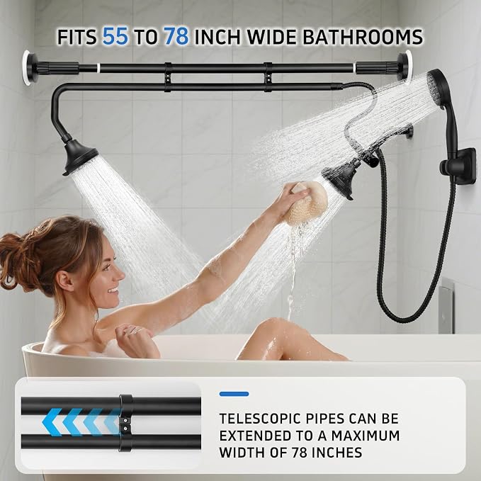 OURBAOFU Tandem Shower, Dual Shower Heads for Couples & Handheld head, Triple Shower Head System for Two People, High Pressure and Adjustable Double Shower Heads and Handheld Shower HeadïŒBlack)