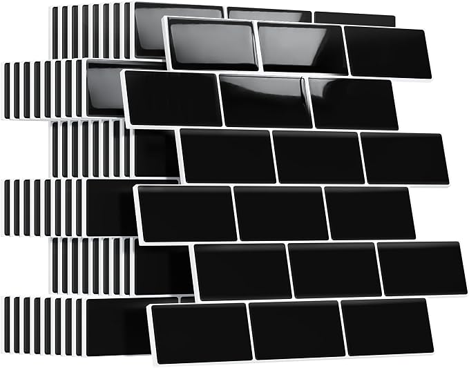 Peel and Stick Backsplash for Kitchen: Self Adhesive Wall Tiles for Bathroom - Vinyl Thick Back Splash Tile (10, Black)
