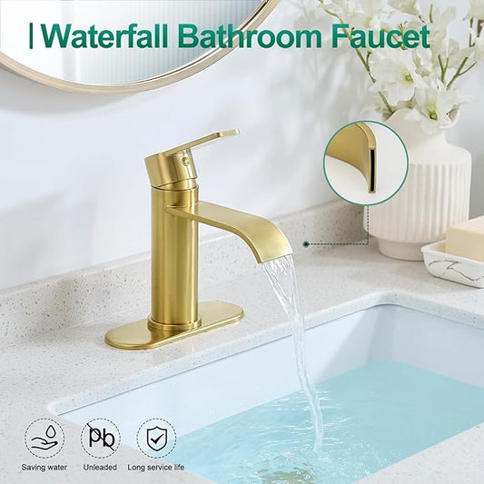 VOTON Waterfall Bathroom Faucet Brushed Gold, Single Handle 1 or 3 Hole Modern Sink Faucet with Deck Plate & Pop-Up Drain, RV Camper Vanity Washbasin Tap