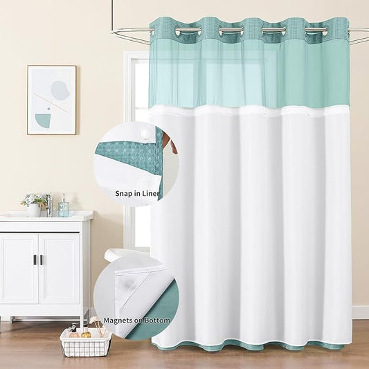 Colorful Star Teal No Hook Waffle Shower Curtain with Liner, 72 x 75 Inch | Snap-In Fabric Liner, Mesh Top Window, Heavy-Duty Waffle Fabric, Waterproof Hotel Style Shower Curtain for Bathroom