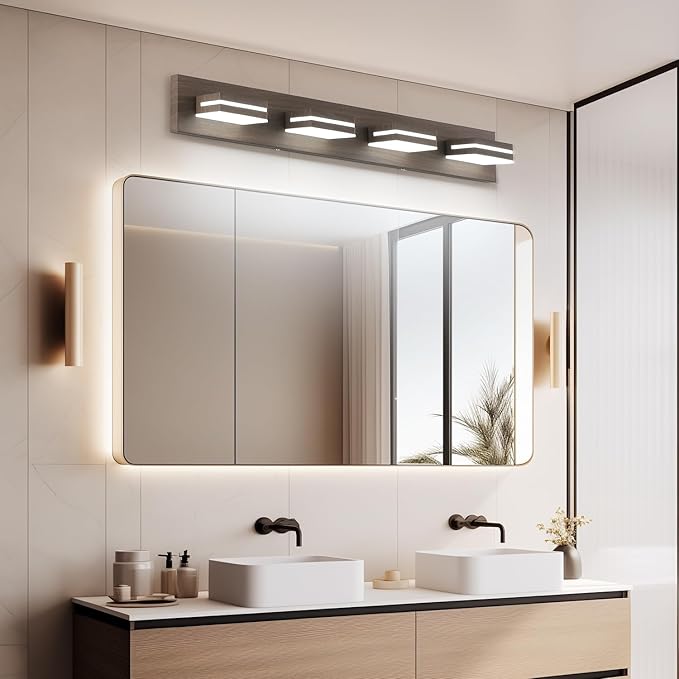 SineRise LED Modern Bathroom Vanity Light Fixtures, Modern Acrylic Bathroom Wall Lighting Fixtures Over Mirror, 4-Light, 30-Inch, Brown, White