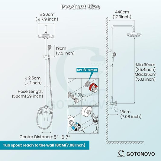 gotonovo Exposed Shower Tub Faucet Set 3 Function Wall Mount,Polish Chrome | Shower System Fixtures with Tub Spout,8” Rain Head and Handheld,360°Rotation,Adjustable Height,for 5-6.7" Hole,Outdoor/Indoor