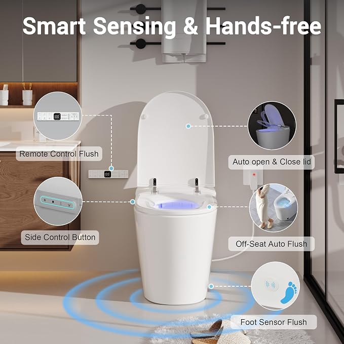 Smart Bidet Toilet w/Tank Heated Seat Cleaner Tablets Auto Flush/Lid&Seat | Foot Sensor UV-C light Electric Modern One Piece Toilet with Dryer LED Display Siphon Flush 1.28 GPF MAP 1000g