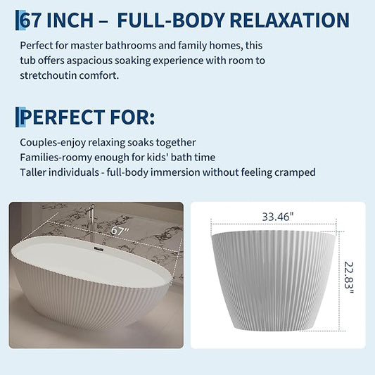 Freestanding Bathtub 67 Inch Acrylic Free Standing Tub Elegant Eggshell Silhouette with Lines,Freestanding Bathtubs with Chrome Overflow & Pop-Up Drain,Modern Stand Alone Tub for Bathroom Renovation