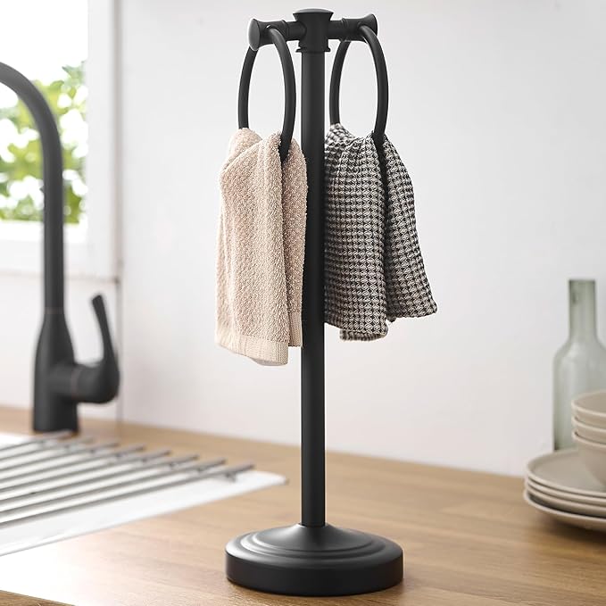 Hoimpro Hand Towel Holder Stand Bathroom Countertop Towel Bar Rack Black | Matte Black, Freestanding, Free Standing Towel Ring Hanger for Vanity Counter Kitchen Accessories, Stainless Steel