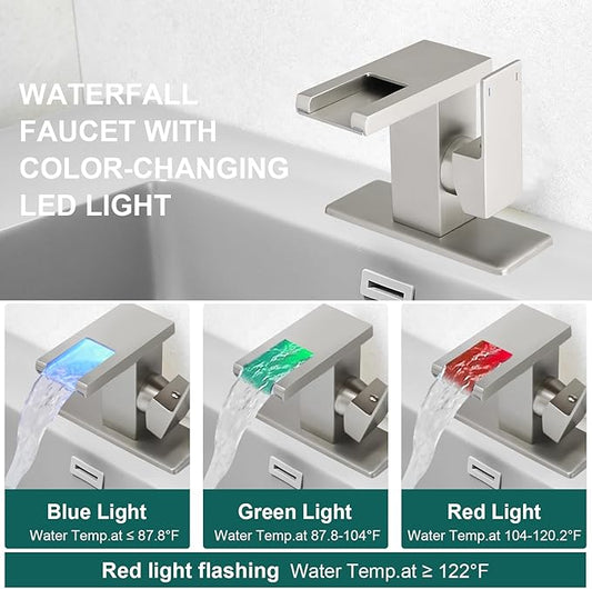 Hoimpro LED Waterfall Bathroom Faucet Brushed Nickel, Single Handle Bathroom Sink Faucet 1 Hole, 3 Colors Light Changing, with Pop-up Drain and cUPC Supply Lines, Stainless Steel
