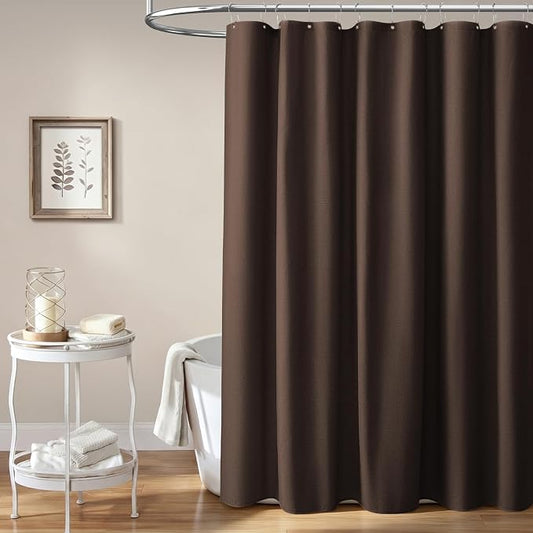Extra Long Linen Textured Waterproof Shower Curtain, 72x96, Brown | Extra Tall Size, 230GSM Polyester, Heavy Duty Cloth, Weighted Hem, 12 Plastic Hooks, Modern Hotel Style, Machine Washable