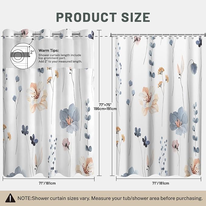 No Hook Floral Shower Curtain with Liner, Blue Beige, 71x77 | Snap in Liner, 3 in 1, Water Repellent, Easy Install, Machine Washable, Hotel Style for Bathroom, Watercolor Pattern