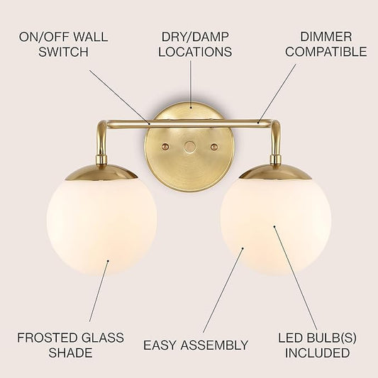 JONATHAN Y 15" Brass Gold Modern Globe Wall Sconce Vanity Light for Bathroom, White Frosted Glass Shade, Midcentury Parisian Bistro Wall Lamp, LED Bulb Included (JYL3535A)