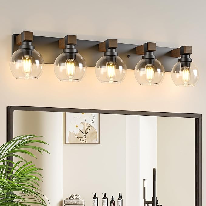 LmnLvn Farmhouse 5-Light Bathroom Vanity Light, Wood & Metal Glass Shade | Black Rustic Mount Fixture Over Mirror, Easy To Install, for Bathroom, Bedroom, Hallway & Living Room