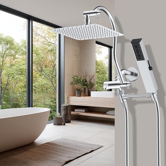 Hibbent All Metal cUPC Certified Shower Head, 8'' High Pressure Rainfall Shower Head, Showerhead Combo, Handheld Shower Wand, 12'' Adjustable Extension Arm, 4-Spray, 71'' Hose, Shower Holder, Chrome
