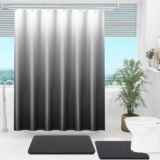 OLANLY Luxury Dark Grey and White Ombre Shower Curtain Sets with 12 Hooks, Waterproof and Washable Decorative Shower Curtains for Bathroom, 72x72 Inches