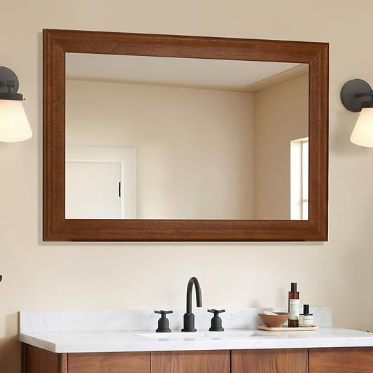 Tanmicoshomy Wood Bathroom Mirror 24 x 36 Inch, Solid Wood Framed Rectangle Mirrors with Shatter-Proof Glass for Living Room Bedroom Office or Entryway (Brown)