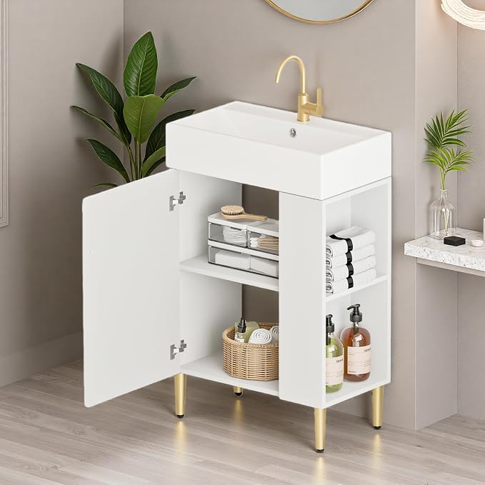 21.6" Freestanding Bathroom Vanity with Ceramic Sink, White | Ceramic Sink, Wave-Pattern Door & Two-Layer Right Open Compartment, Bathroom Storage Cabinet, Easy Installation