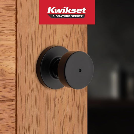 Kwikset Pismo Privacy Locking Door Knob, Interior Handle with Keyless Lock for Bedroom and Bathroom Doors, with Round Rose, Featuring Microban Protection in Matte Black (Pack of 4)