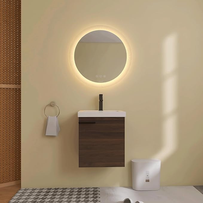 18 Inch Bathroom Vanity with Sink,Wall Mounted Bathroom Vanity Sink Combo with Soft Close Door for Small Space,Modern Floating Bathroom Vanity with Top Basin &Brown Storage Cabinet