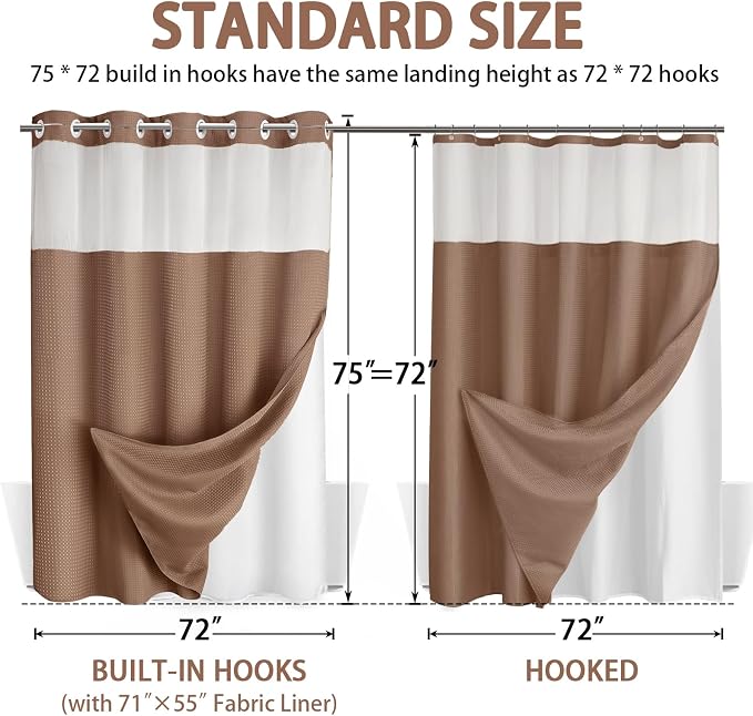 No Hook Shower Curtain with Liner Set Hotel Waffle Mocha Brown 72W X 75L | Washable Snap in Fabric Liner, Mesh Top Window, Waffle Hotel Style Shower Curtain Set