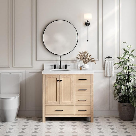 ARIEL Cambridge 36-inch Bathroom Vanity Base Cabinet,Solid Wood, 2 Soft Closing Doors, 5 Dovetail Drawers, White Oak