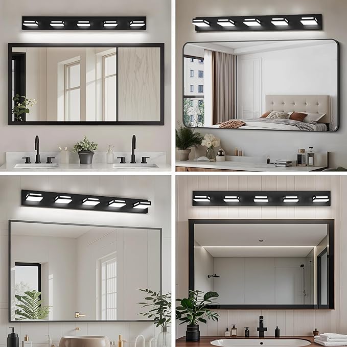 LED Modern Bathroom Light Fixtures, 5-Light 40-Inch Matte Black Vanity Lights for Bathroom Lighting Fixtures Over Mirror, 350° Rotatable Acrylic, 6000K Cool White Wall Lamp