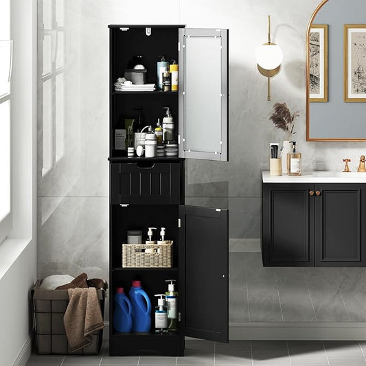 COSTWAY 67” Tall Bathroom Storage Cabinet, Freestanding Floor Cabinet with 2 Doors & 1 Drawer, 3-Level Adjustable Shelves, Narrow Slim Linen Tower for Bathroom, Living Room, Kitchen (Black)