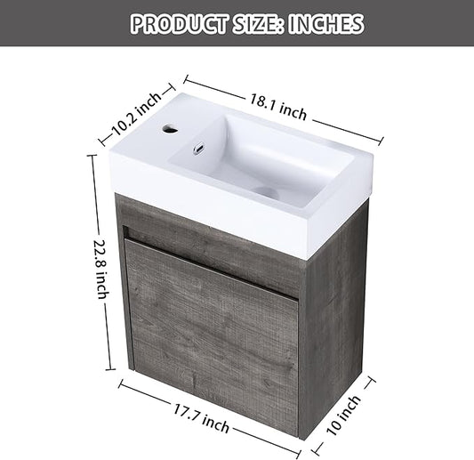18" Wall-Mounted Floating Bathroom Vanity with Sink - Modern Vanity Cabinet for Small Bathrooms, Soft-Close Door & Waterproof Resin Countertop (Space-Saving Design)