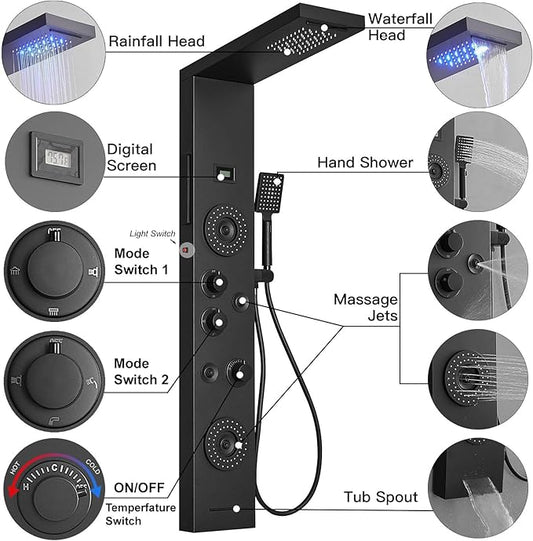 Black Shower Panel Tower System LED Rainfall Waterfall Head | 6 Functions,Rain Massage,Body Jets,Handheld Shower,Tub Spout,Temperature Display,Wall Mount, Stainless Steel Shower Panel