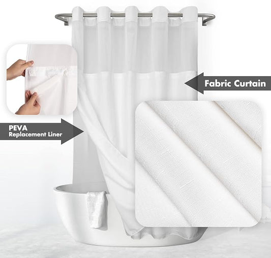 River Dream No Hook Shower Curtain with Snap-in Liner Set, White, 71x74 | Snap on Waterproof PEVA Liner, See Through Top Window, Slub Textured, Hotel Style Shower Curtain Set, Standard Size