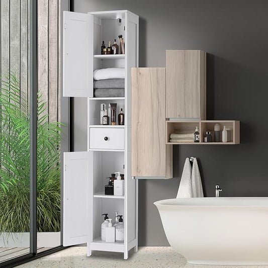 GarveeHome Tall Narrow Bathroom Cabinet, 66.9" Small Skinny Bathroom Storage Cabinet for Small Spaces | Freestanding Water Resistant Organizer for Bathroom, Kitchen, Hallway (1 Drawer, White)