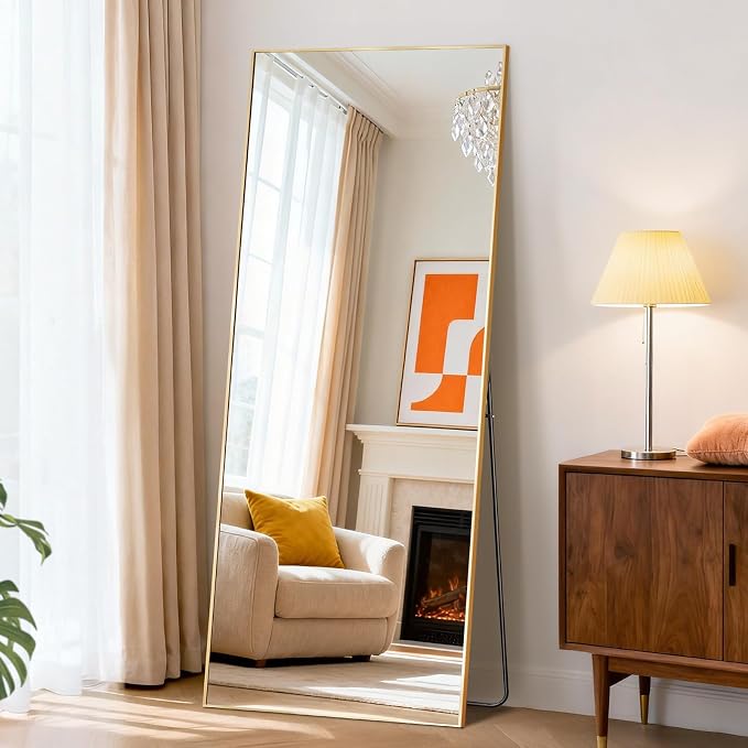 NEWBULIG Full Length Floor Mirror 56"x21", Body Standing Mirror | Wall Hanging or Leaning, Shatter-Proof Glass, Aluminum Alloy Frame with Stand, Home Decor Bedroom, Gold