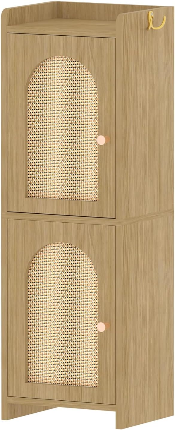 Rattan Bathroom Storage Cabinet,Corner Floor Cabinet with 2 Doors and Adjustable Shelf, Narrow Toilet Paper Cabinets with 2Hooks,Toilet Organizer for Small Spaces,7.87"D*9.84"W*29.72"H Oak