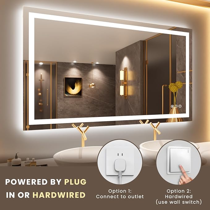 LOAAO 50"X30" LED Bathroom Mirror with Lights, UL Listed | Anti-Fog, Dimmable, 3 Color Temperature, Backlit + Front Lit, Memory Function, Tempered Glass