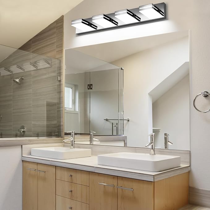 SineRise LED Modern Bathroom Vanity Light Fixtures, Modern Acrylic Bathroom Wall Lighting Fixtures Over Mirror, 4-Light, 30-Inch, Chrome, White