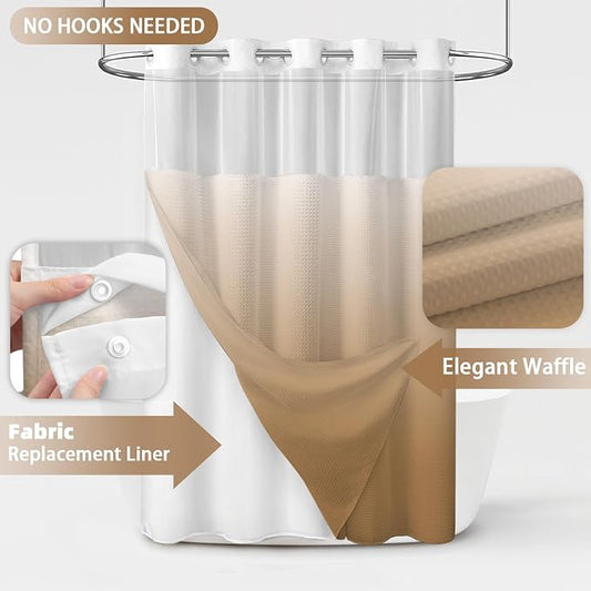 No Hook Shower Curtain with Liner Set Hotel Waffle Ombre Beige 72W X 75L | Washable Snap in Fabric Liner, Mesh Top Window, Waffle Hotel Style Shower Curtain Set