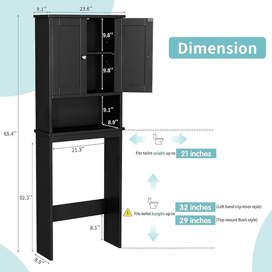 Shintenchi Over the Toilet Storage Cabinet, Bathroom Shelf Organizer with Anti-Tip Device Small Freestanding Space Saver with Adjustable Shelf,Black