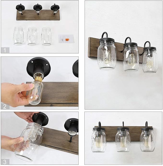 LNC Bathroom Vanity Fixtures Farmhouse Mason Jar Lights with Faux Wood Finish, L18 x H8 x W9.5, Brown