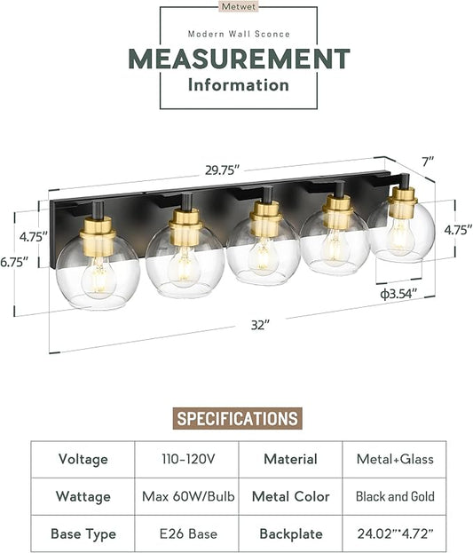 Bathroom Light Fixtures, 5-Light Black and Gold Bathroom Vanity Light, 32 Inch Modern Wall Sconces with Globe Clear Glass Shade, Vanity Lighting Fixtures Over Mirror, VL195-KG-5