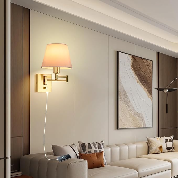 Bedside Wall Mount Light with Dimmable Switch, Swing Arm Fabric Shade Wall Sconce Light with USB Port and Plug in Cord, Gold Wall Lamp for Bedroom, Living Room and Hotel
