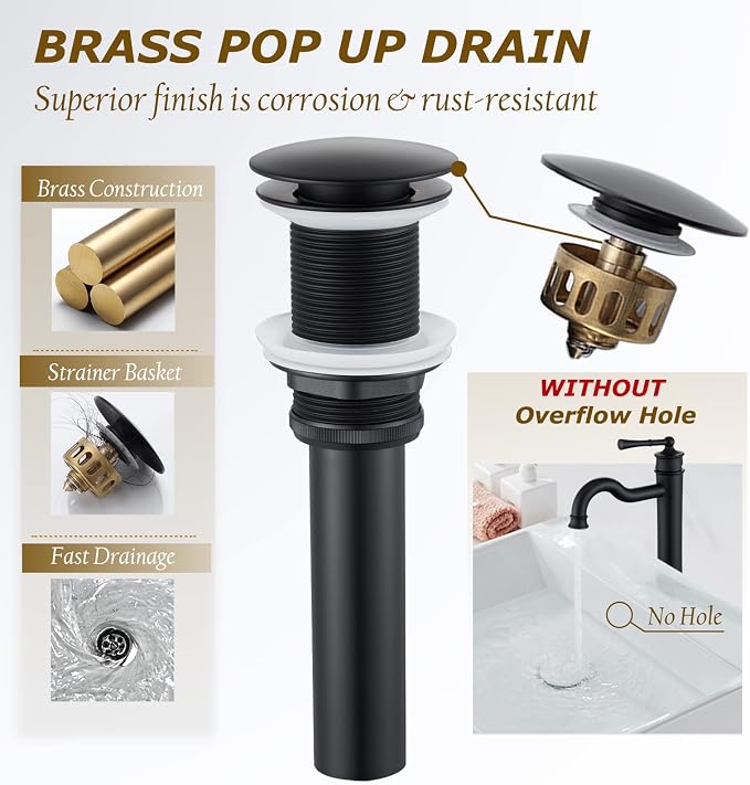 Vessel Sink Faucet Matte Black Bathroom Tall Faucet Single Hole Deck-Mount Pop up Drain Assembly Without Overflow Water Supply Lines Included