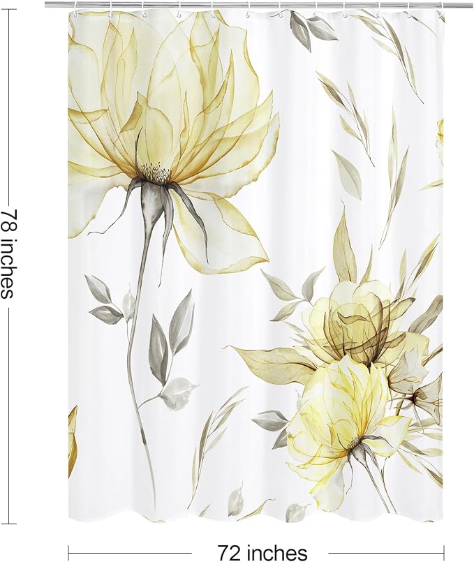 Yellow Boho Floral Shower Curtain, Watercolor Botanical Design, 72 x 78 | Boho Floral Design, Watercolor Ink Painting Style, Botanical Flowers & Leaves, Elegant Bathroom Accent, Fabric Cloth Curtain