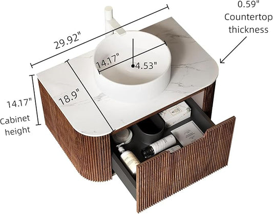 LKTART 30 Inch Floating Bathroom Vanity with Sink, Modern Wall Mounted Bathroom Storage Cabinet with Drawer, Round White Ceramic Sink Top and Marble Texture Top,Walnut
