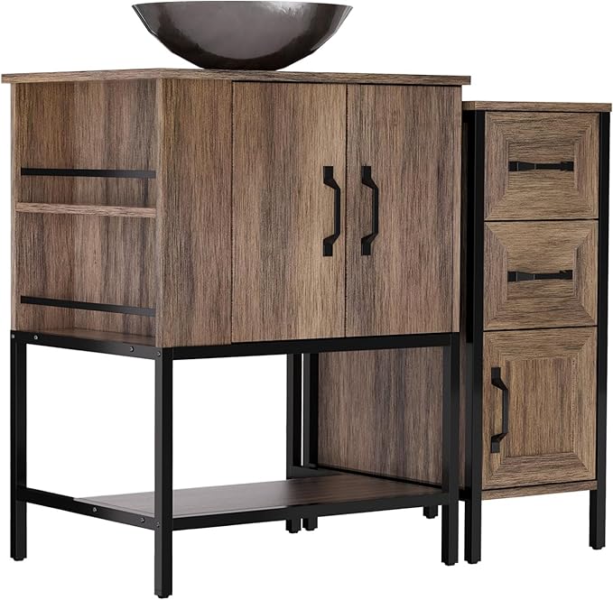VNN Bathroom Vanity with Sink - 36 Inch Bathroom Vanity with Sink, Open Shelves and 3 Storage Drawers Side Cabinet, Modern Iron Wood Cabinet with Countertop Tempered Glass Vessel, Grey
