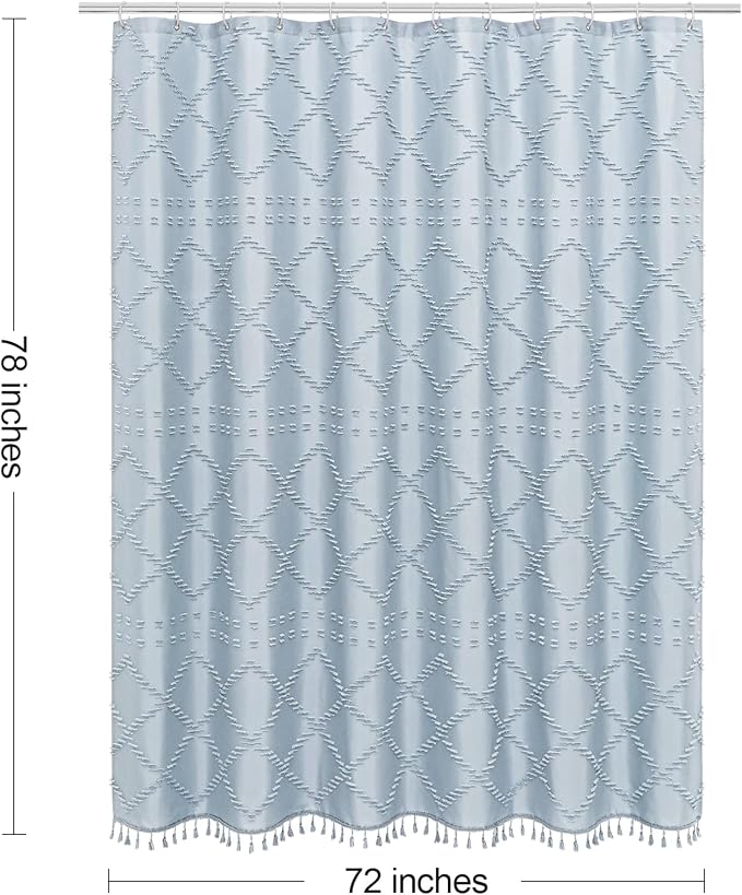 Blue Boho Woven Fabric Shower Curtain with Tassel 72 x 78, Tufted Textured | Modern Farmhouse Curtain for Bathroom, Long Bathroom Curtain, Minimalist Decor, Waterproof