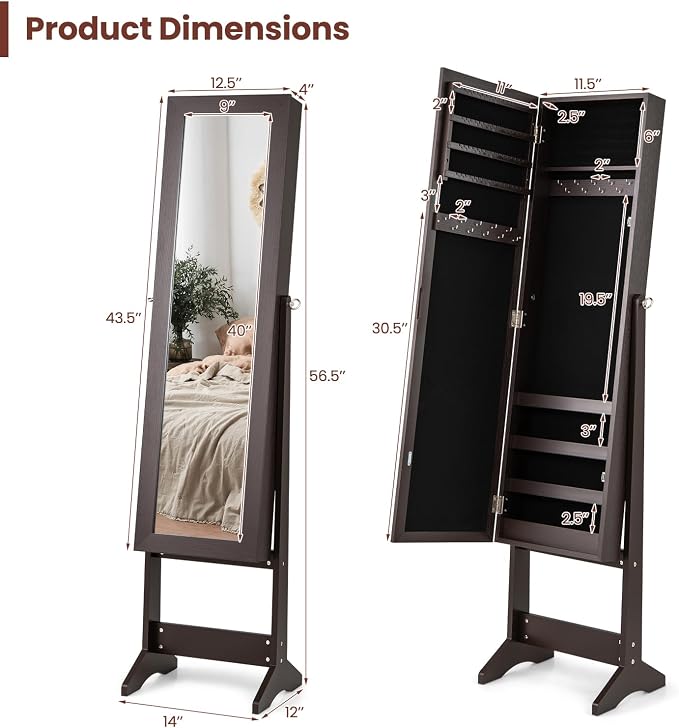 MAT EXPERT Jewelry Armoire Cabinet w/Full-Length Mirror, Jewelry Organizer Standing Mirror w/ 4 Shelves, 3 Adjustable Angles, Anti-toppling Device, Jewelry Cabinet for Bedroom, Living Room, Espresso