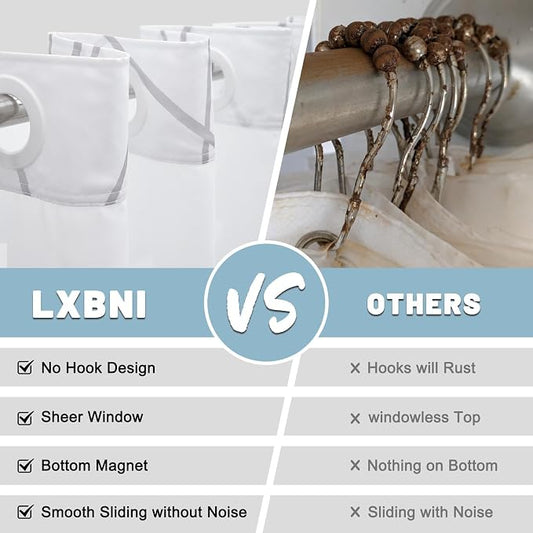 Ombre Grey White No Hook Shower Curtain with Liner, 71 x 74 Inch | Stripe Pattern,Waterproof,Quick Dry,Mesh Top Window,Bottom Magnets,Hotel Style,Machine Washable,Modern,for Bathroom
