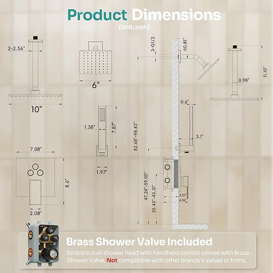Black Shower System, Matte Black Shower Faucet Set with 3 In 1 Push Button Shower Diverter Valve, 10'' Ceiling Shower Head and 6'' Wall Mounted Shower Head, Black Rain Shower Head with Handheld Spray
